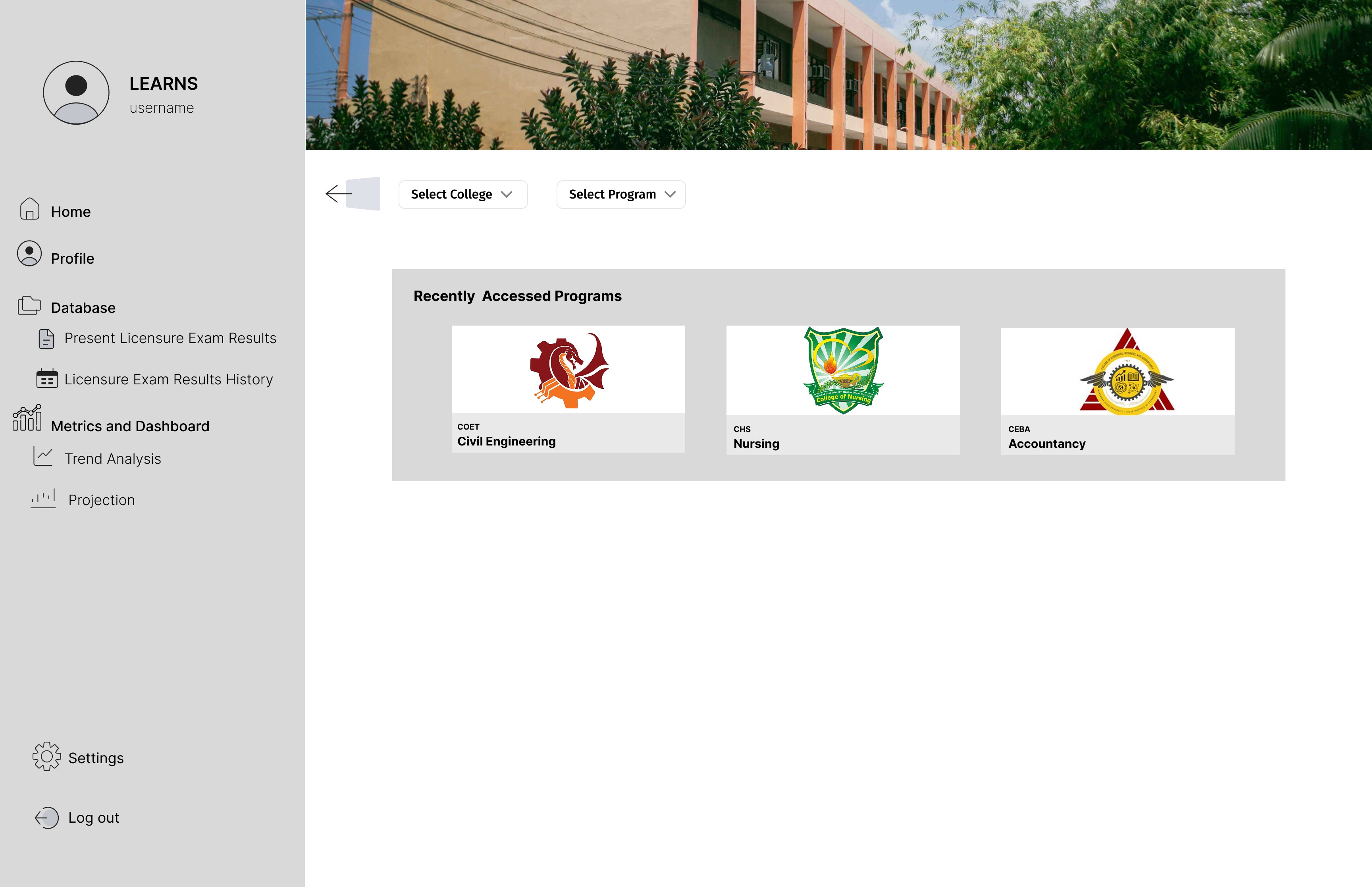 LEARNS select college and program screen