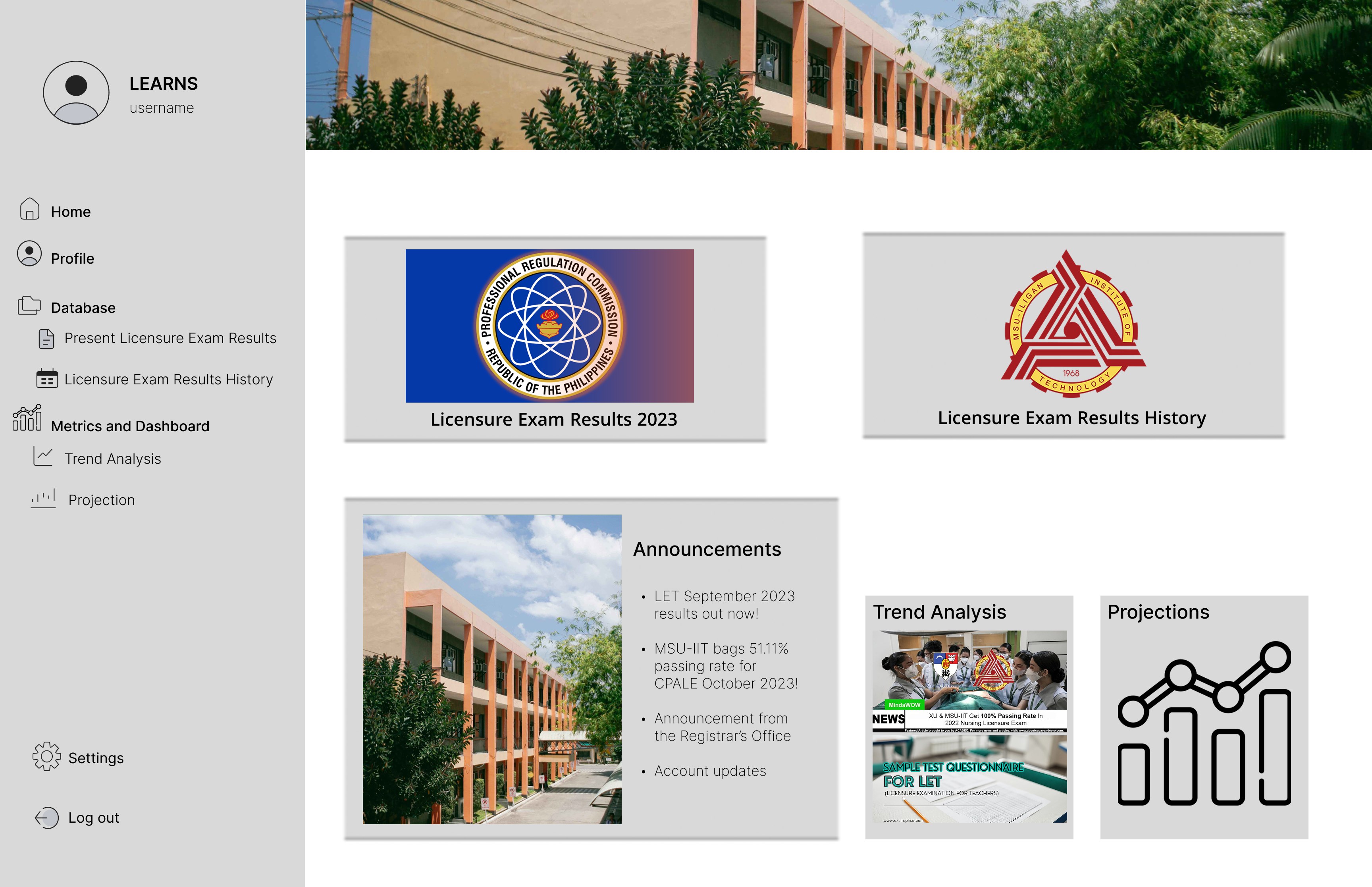LEARNS home dashboard