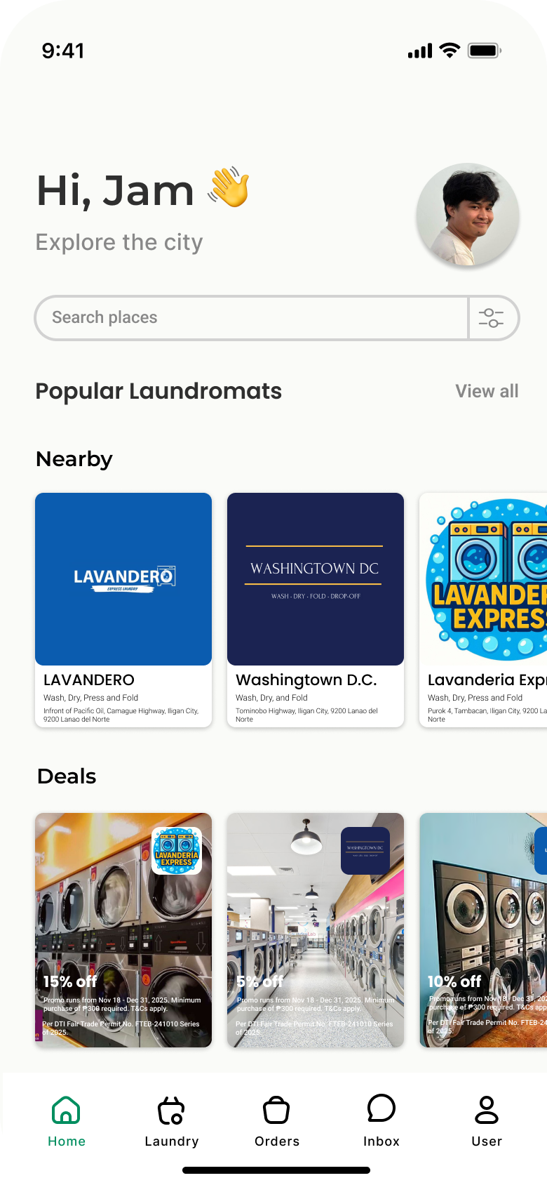 FetchFold home screen with nearby laundromats