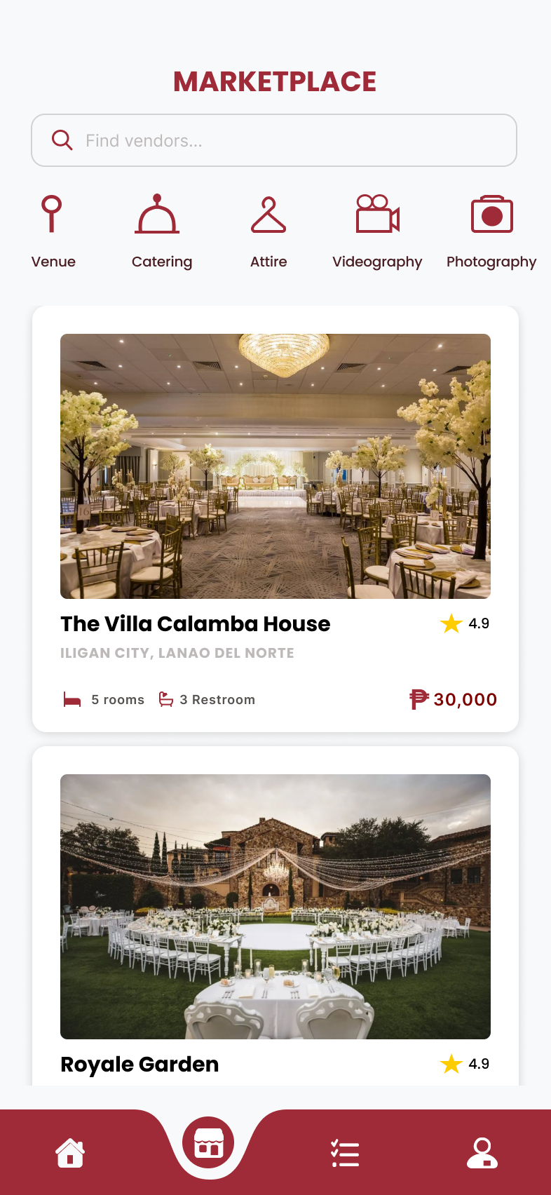 Vendor marketplace screen